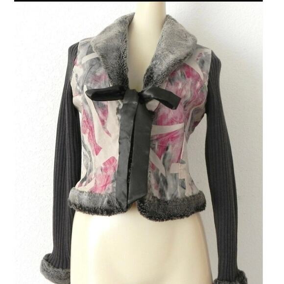 Phosphorus Leather Jacket w Knit/Sweater Sleeves-Faux fur sz s - Picture 1 of 5